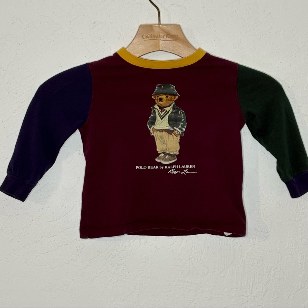 Polo Ralph Lauren Bear‎ Tee 18M Maroon Long Sleeve 18 Months Color Block